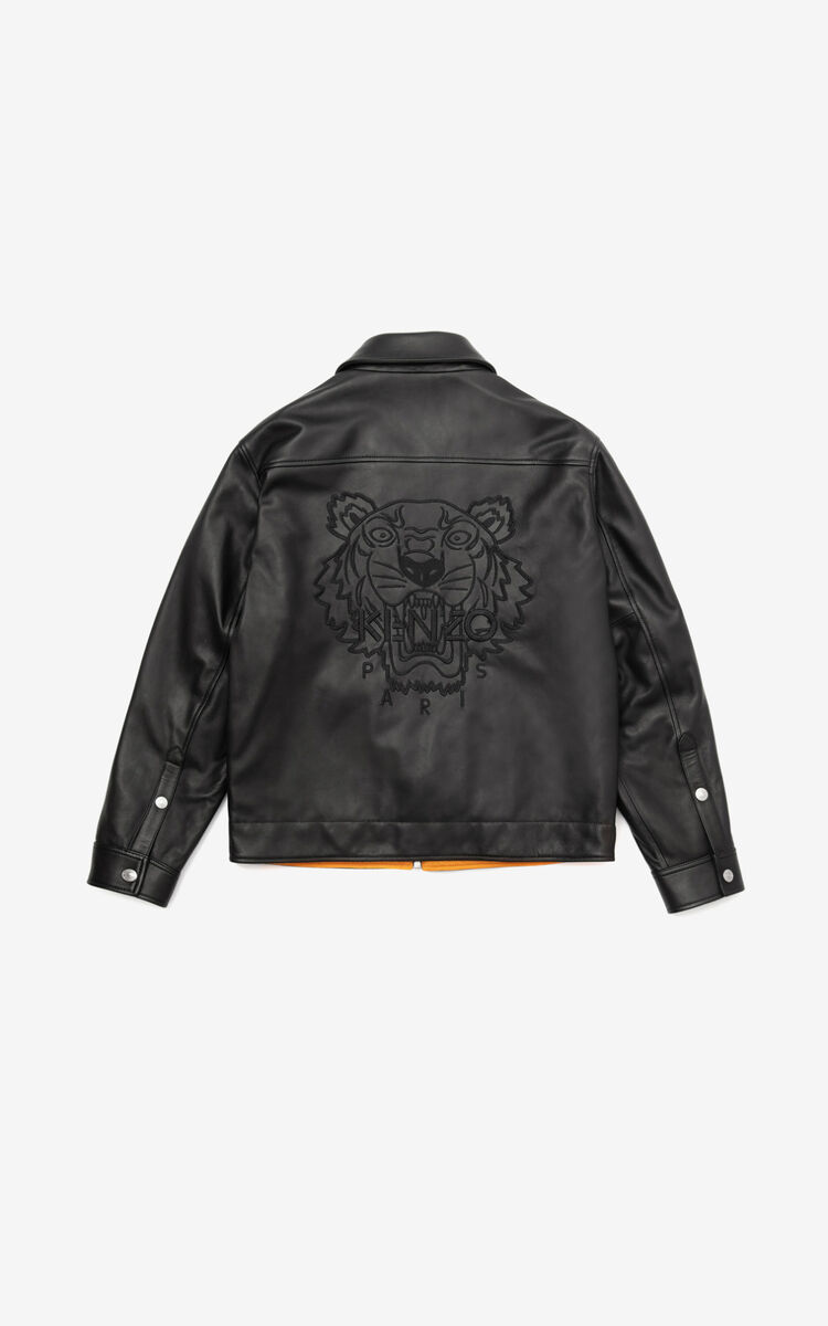 The Tiger Men Kenzo Leather Tiger Jacket Black - KENZO The Tiger